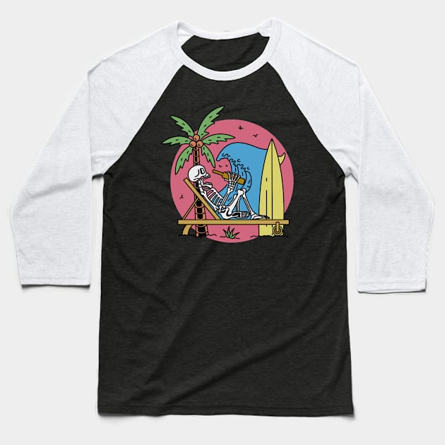 Skull Surf Beach Baseball T-Shirt by polkamdesign